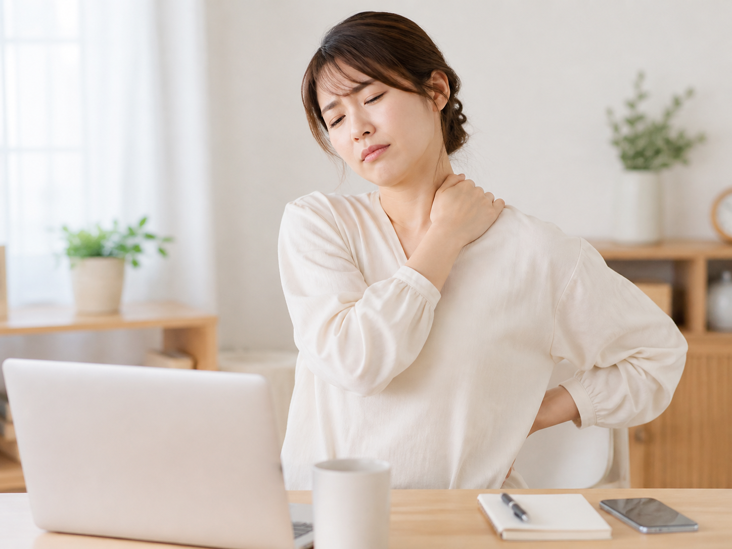 肩や腰の疲れに悩む女性